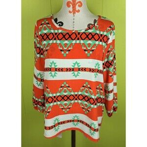 VTG Newbury Kustom USA Women L Aztec Print Colorful Tunic Blouse Top 3/4 Sleeve